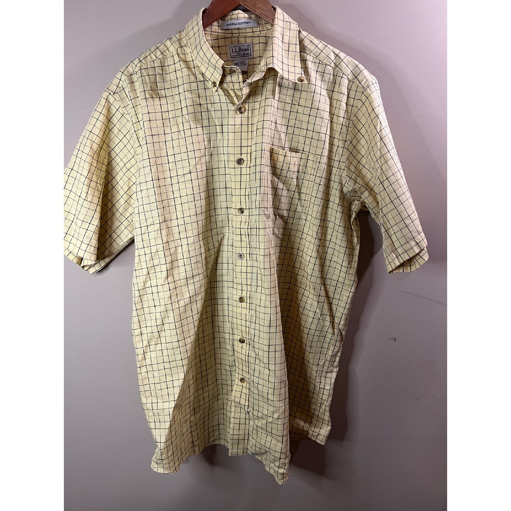 L.L. Bean Wrinkle Resistant Button‎ Down Shirt Tall Plaid Yellow Cotton